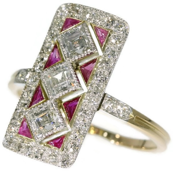 Adorable Art Deco engagement ring with diamonds and rubies